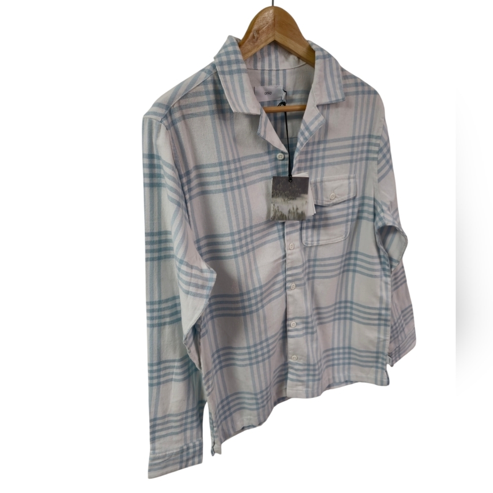 NWT onia  Men's Flannel  Overshirt White Blue Window Pane Plaid Size Small